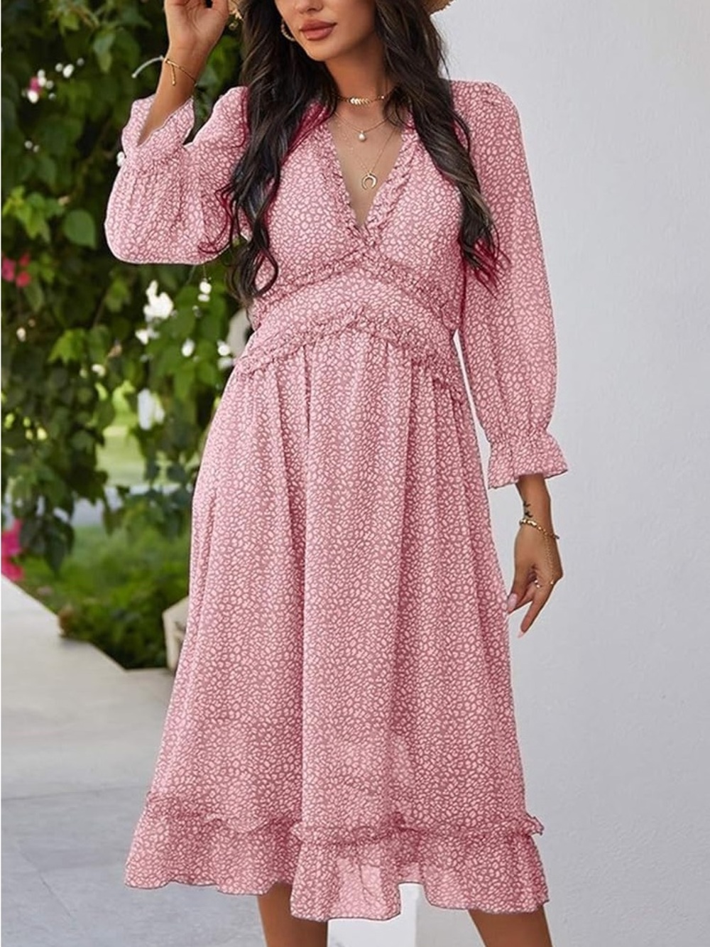 Simplee Light Pink Ruffle Floral Midi Dress, Women’s Size Small, Long Sleeve
